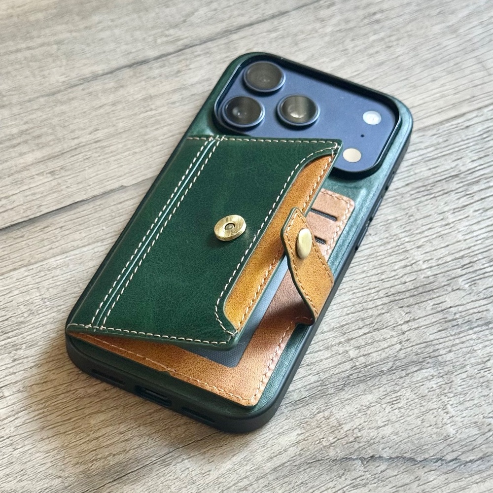 Green Wallet iPhone Case 17 16 Pro 15 Max Plus - Leather Cover